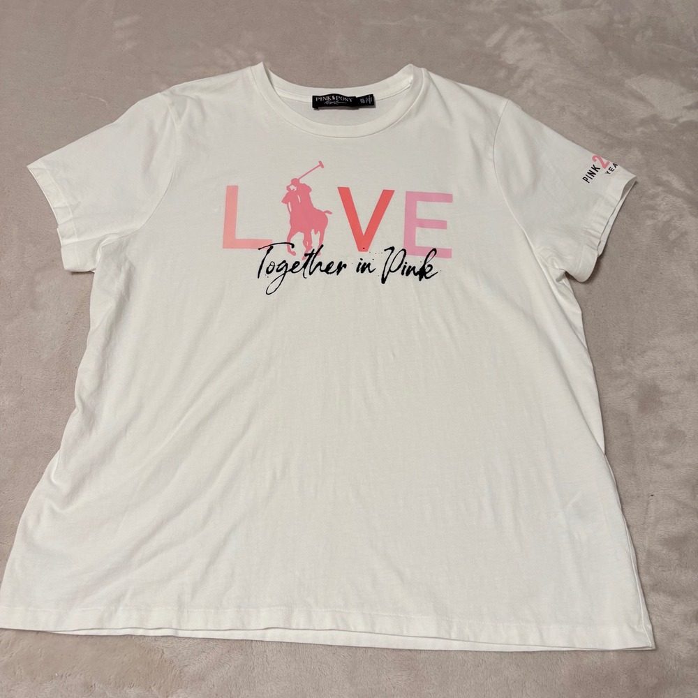 Ralph Lauren Pink Pony Graphic Logo T-Shirt Women White XL 20th Anniversary Love
